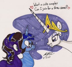 Size: 1106x1041 | Tagged: safe, artist:newyorkx3, princess celestia, oc, oc:gem, alicorn, pony, blushing, glasses, heart, john joseco, memj0123, princess molestia, traditional art