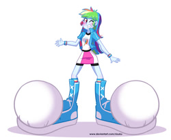 Size: 800x655 | Tagged: safe, artist:riouku, part of a series, part of a set, rainbow dash, equestria girls, blushing, clothes, commission, compression shorts, feet, fetish, foot fetish, foot growth, gritted teeth, growth, impossibly large feet, one eye closed, simple background, skirt, solo, white background