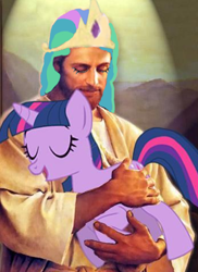 Size: 347x476 | Tagged: safe, princess celestia, twilight sparkle, human, christlestia, hug, irl, irl human, jesus christ, photo, ponified