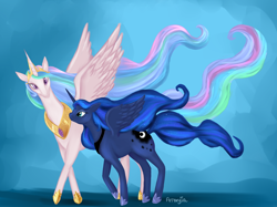 Size: 1024x764 | Tagged: safe, artist:amaryia, princess celestia, princess luna, alicorn, pony, crown, female, horn, mare, siblings, sisters