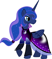 Size: 2321x2606 | Tagged: safe, artist:theshadowstone, princess luna, alicorn, pony, alternate hairstyle, clothes, dress, raised hoof, simple background, solo, transparent background, vector