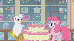 Size: 851x477 | Tagged: safe, derpibooru import, screencap, gilda, pinkie pie, earth pony, griffon, pony, griffon the brush off, cake, food