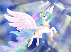 Size: 1000x739 | Tagged: safe, artist:peachiekeenie, princess celestia, alicorn, pony, crown, female, horn, mare, multicolored mane, multicolored tail, solo, white coat, white wings, wings