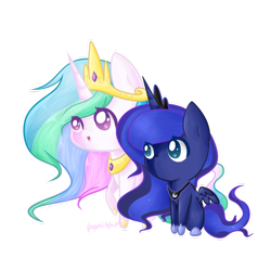 Size: 894x894 | Tagged: safe, artist:ponibun, princess celestia, princess luna, alicorn, pony, chibi, simple background