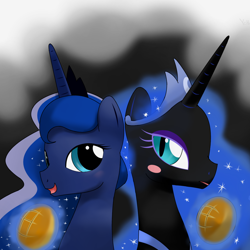 Size: 1200x1200 | Tagged: safe, artist:hoyeechun, nightmare moon, princess luna, alicorn, pony, blushing, bread, duality, magic