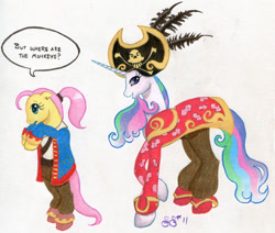 Size: 900x764 | Tagged: safe, artist:alipes, fluttershy, princess celestia, alicorn, pegasus, pony, crossover, guybrush threepwood, lechuck, monkey island