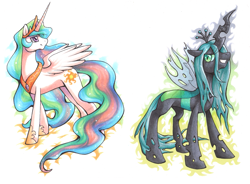 Size: 1181x868 | Tagged: artist needed, safe, princess celestia, queen chrysalis, alicorn, changeling, changeling queen, pony, female, looking at you, mare