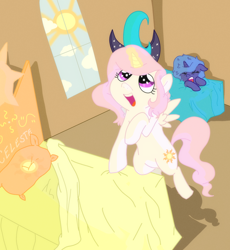 Size: 1560x1693 | Tagged: safe, artist:itsaaudraw, princess celestia, princess luna, alicorn, pony, bed, bed mane, bedroom, cewestia, filly, magic, woona