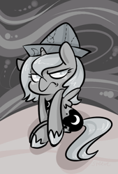 Size: 540x800 | Tagged: safe, artist:steeve, princess luna, alicorn, pony, cartographer's cap, grayscale, grumpy, hat, monochrome, moonstuck, solo, woona