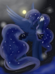 Size: 600x800 | Tagged: safe, artist:himesatou, princess luna, alicorn, pony, crying, glow, glowing eyes, moon, solo