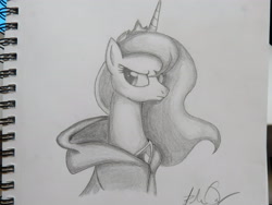 Size: 4000x3000 | Tagged: safe, artist:roccorocks, princess luna, alicorn, pony, bust, cloak, clothes, monochrome, solo, traditional art