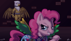 Size: 1323x755 | Tagged: safe, artist:aspellgoof, derpibooru import, gilda, pinkie pie, earth pony, griffon, pony, fanfic:cupcakes, cutie mark dress, gildabuse