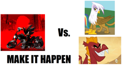 Size: 1179x622 | Tagged: safe, derpibooru import, garble, gilda, dragon, griffon, all caps, exploitable meme, make it happen, meme, meta, shadow the hedgehog, shadow the hedgehog (game), sonic the hedgehog (series), vs