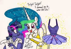 Size: 1280x884 | Tagged: safe, artist:newyorkx3, princess celestia, twilight sparkle, twilight sparkle (alicorn), anthro, belly button, cleavage, clothes, dress, female, implied lesbian, implied shipping, implied twilestia, magic, midriff, traditional art, tutu