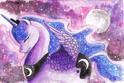 Size: 1767x1188 | Tagged: safe, artist:wolfespirit, princess luna, alicorn, pony, crying, moon, solo, traditional art