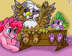 Size: 1880x1461 | Tagged: safe, artist:gylfaginning, derpibooru import, gilda, pinkie pie, spike, dragon, earth pony, griffon, pony, barefoot, feather, feet, paws, stocks, tickle party, tickle torture, tickling