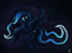 Size: 908x673 | Tagged: safe, artist:tracymod, princess luna, alicorn, pony, flying, night, solo