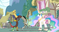 Size: 851x466 | Tagged: safe, screencap, discord, princess celestia, alicorn, pony, keep calm and flutter on, meme, youtube caption