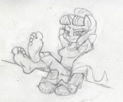 Size: 1011x846 | Tagged: safe, artist:dertikleen, starlight glimmer, anthro, plantigrade anthro, barefoot, breasts, commission, feet, feet on table, feet up, female, fetish, foot fetish, looking at you, monochrome, s5 starlight, sandals, scene interpretation, simple background, smug, smuglight glimmer, soles, solo, toes, traditional art, welcome home twilight, white background