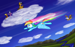 Size: 1280x800 | Tagged: safe, artist:paper-pony, derpibooru import, gilda, rainbow dash, oc, griffon, pegasus, pony, cloud, cloudy, happy, race, smiling