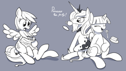 Size: 1778x1012 | Tagged: artist needed, source needed, safe, derpy hooves, fluttershy, princess luna, twilight sparkle, twilight sparkle (alicorn), alicorn, pegasus, pony, cup, facesitting, female, flutterseat, food, fork, mailbag, mare, monochrome, nonconsensual, palindrome get, s1 luna