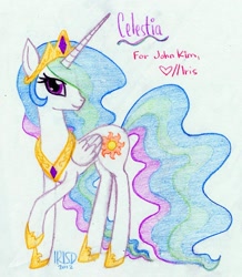 Size: 1685x1931 | Tagged: safe, artist:aya-chanluvschu, princess celestia, alicorn, pony, female, horn, mare, multicolored mane, solo, traditional art, white coat