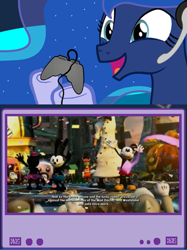 Size: 385x516 | Tagged: safe, princess luna, alicorn, pony, disney, epic mickey, epic mickey 2, exploitable meme, gamer luna, gamer meme, gremlin, gus gremlin, mad doctor, meme, mickey mouse, obligatory pony, ortensia, oswald the lucky rabbit, tv meme, video game, video game spoilers