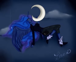 Size: 1527x1245 | Tagged: safe, artist:captainkaddy, princess luna, crescent moon, horned humanization, humanized, pony coloring, solo, tangible heavenly object, winged humanization