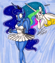 Size: 1120x1276 | Tagged: safe, artist:newyorkx3, princess celestia, princess luna, alicorn, anthro, cleavage, clothes, dress, duo, female, signature, smiling, tanktop, traditional art, tutu