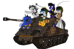 Size: 5625x3780 | Tagged: safe, artist:xphil1998, octavia melody, princess luna, oc, oc:lipstick mouth, oc:paladin colt, oc:sky shocker, oc:trigger hooves, alicorn, earth pony, pegasus, pony, armor, clothes, crossover, female, fury (movie), goggles, gun, helmet, jacket, m2 browning, m4 sherman, m4a3e8, machine gun, male, mare, royal guard, royal guard armor, selfie stick, simple background, stallion, tank (vehicle), transparent background, uniform, vector, weapon, world war ii