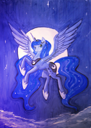 Size: 2089x2937 | Tagged: safe, artist:dalagar, princess luna, alicorn, pony, female, mare, moon, solo, traditional art