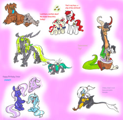 Size: 900x878 | Tagged: safe, artist:frankilew, derpibooru import, discord, flam, flim, gilda, queen chrysalis, rover, trixie, changeling, changeling queen, diamond dog, draconequus, griffon, nymph, pony, unicorn, colt, cub, female, filly, flim flam brothers, green changeling, magic, mare, mother, mother and child, parent and child, puppy, telekinesis