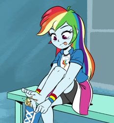 Size: 694x746 | Tagged: safe, artist:joaoppereiraus, applejack, rainbow dash, breezie, equestria girls, boots, clothes, compression shorts, cropped, feet, fetish, foot fetish, legs, miniskirt, shirt, shoes, shorts, sitting, skirt, skirt lift, this will end in tears, tongue out, wristband