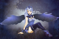 Size: 900x594 | Tagged: safe, artist:azrhia, princess luna, eared humanization, horned humanization, humanized, solo, winged humanization