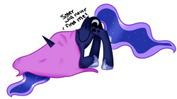 Size: 908x509 | Tagged: dead source, safe, artist:lostpegasister, princess luna, alicorn, pony, blanket, hiding, silly, simple background, solo