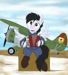 Size: 2350x2560 | Tagged: safe, artist:xphil1998, oc, oc only, oc:commissar junior, pegasus, semi-anthro, accordion, biplane, crate, fighter pilot, fighter plane, male, musical instrument, pilot, plane, polikarpov i-15, sitting, solo, soviet union, spread wings, stallion, wings, world war ii