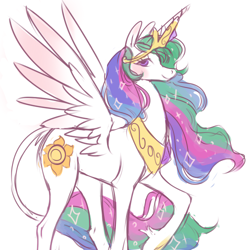 Size: 500x500 | Tagged: safe, artist:suchre, princess celestia, alicorn, pony, crown, female, horn, mare, multicolored mane, multicolored tail, solo, white coat, white wings, wings