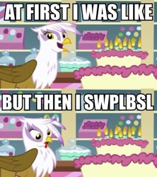 Size: 533x599 | Tagged: safe, derpibooru import, edit, edited screencap, screencap, gilda, griffon, griffon the brush off, derp, image macro