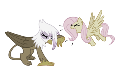 Size: 1000x600 | Tagged: safe, artist:texas toast, derpibooru import, fluttershy, gilda, griffon, pegasus, pony, discorded, flutterbitch, role reversal