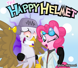 Size: 900x780 | Tagged: safe, artist:sunyup, derpibooru import, gilda, pinkie pie, earth pony, griffon, pony, forced smile, happy happy joy joy, happy helmet, mind control, ren and stimpy, scientist