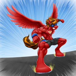 Size: 1276x1276 | Tagged: safe, artist:ponyanony, oc, oc only, oc:marker pace, anthro, pegasus, unguligrade anthro, abs, alternative cutie mark placement, anthro oc, armpits, biceps, clothes, cutie mark on chest, goggles, gritted teeth, landing, male, muscles, pants, solo, stallion, thunder thighs, wristband