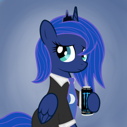 Size: 1500x1500 | Tagged: safe, artist:blackbasscry, princess luna, alicorn, pony, clothes, energy drink, monster energy, necktie, shirt, solo