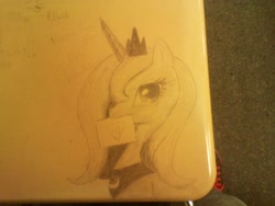 Size: 2048x1536 | Tagged: safe, princess luna, alicorn, pony, desk, graffiti, heart, mouth hold, photo, solo, traditional art