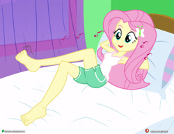 Size: 4000x3090 | Tagged: safe, artist:dieart77, fluttershy, equestria girls, armpits, barefoot, bed, cute, feet, fetish, foot fetish, music notes, on bed, shyabetes, solo, tapping, toes