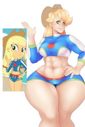 Size: 1313x1952 | Tagged: safe, artist:sundown, applejack, human, better together, equestria girls, forgotten friendship, abs, applebucking thighs, applejacked, clothes, colored, hand on hip, humanized, impossibly wide hips, jacqueline applebuck, midriff, muscles, scene interpretation, smiling, solo, swimsuit, thunder thighs, wet suit, wide hips