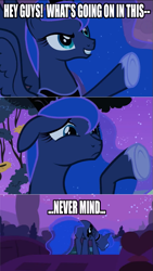 Size: 451x800 | Tagged: safe, edit, edited screencap, screencap, princess luna, alicorn, pony, luna eclipsed, comic, image macro, reaction image, screencap comic