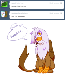 Size: 500x599 | Tagged: safe, derpibooru import, gilda, griffon, ask, ask gilda, head tilt, roboshi (user), tumblr