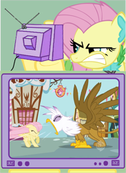 Size: 882x1207 | Tagged: safe, derpibooru import, edit, edited screencap, screencap, fluttershy, gilda, griffon, pegasus, pony, griffon the brush off, angry, exploitable meme, flutterbuse, flutterrage, meme, roar, tv meme