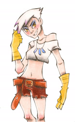 Size: 1390x2249 | Tagged: safe, artist:akikodestroyer, derpibooru import, gilda, belly button, clothes, daisy dukes, gloves, humanized, midriff, solo