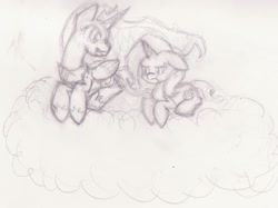 Size: 1233x924 | Tagged: safe, artist:crusadervx, princess luna, trixie, alicorn, pony, cloud, harrumph, monochrome, prone